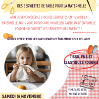 Atelier participatif : coudre des serviettes de table pour les enfants de la maternelle