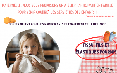 Atelier participatif le 16 novembre à 14h : coudre des serviettes de table pour les enfants de la maternelle