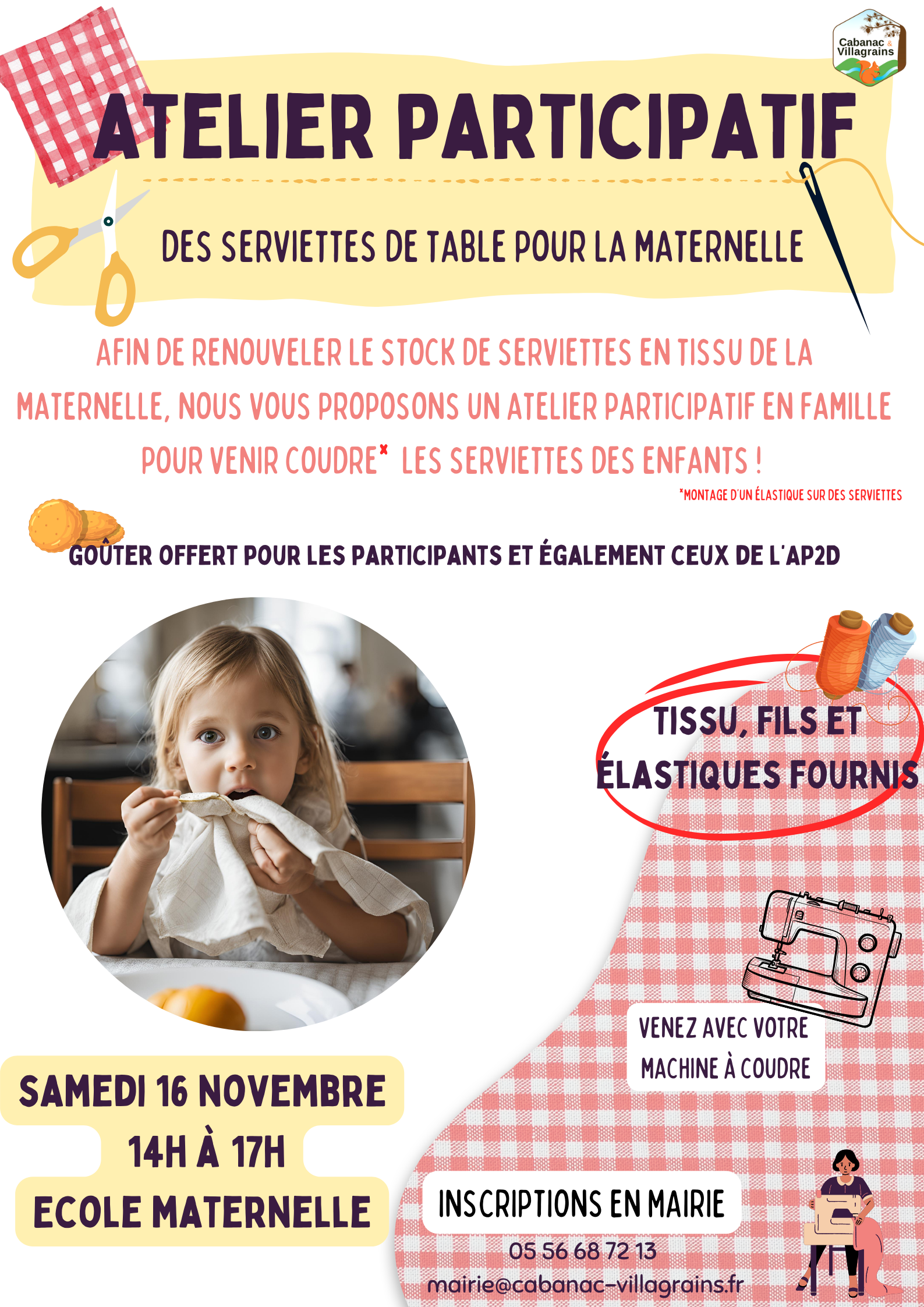 Atelier participatif : coudre des serviettes de table pour les enfants de la maternelle